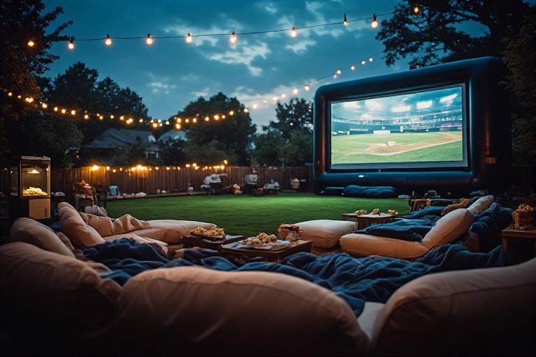 Outdoor projection screen showing baseball on a cozy autumn evening