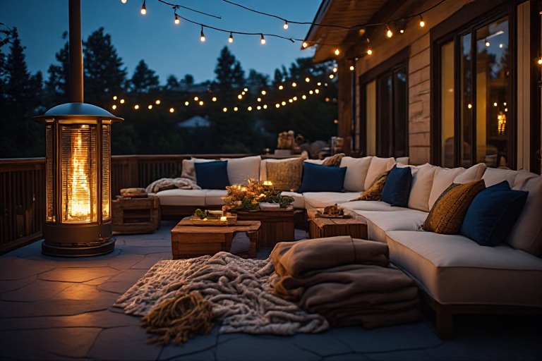 Warmly lit luxury outdoor patio at dusk