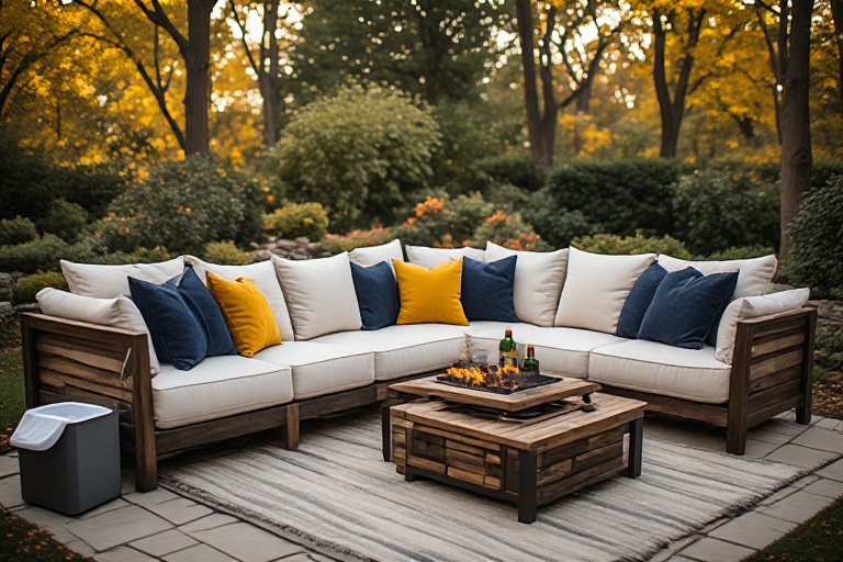 Elegant cream outdoor sectional seating and cozy cushions in an autumn garden