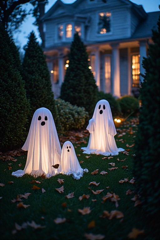 Three white illuminated ghost figures in the garden at dusk