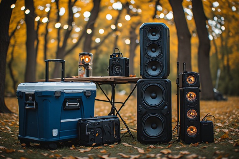 Rugged portable Bluetooth speakers and sound equipment at an outdoor gathering