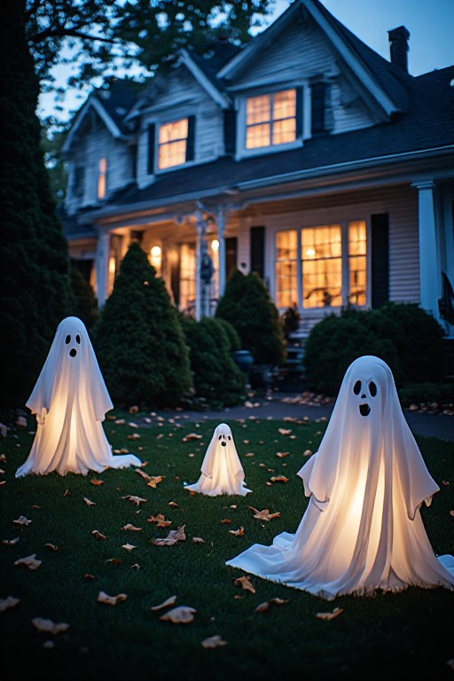 Wide twilight view of illuminated white ghosts across the front lawn of a house