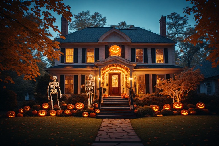 Grand two-story home photographed at dusk with a warmly illuminated Halloween front yard