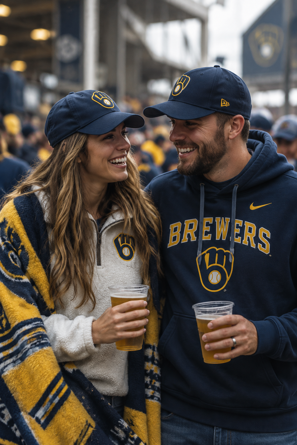 Smiling Milwaukee Brewers fans wearing cozy navy clothing and baseball caps